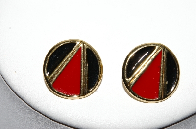 +MBA #88-011  Napier Gold Tone Red & Black Enamel Pierced Earrings