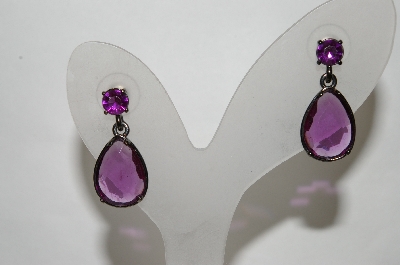 +MBA #89-079   Antiqued Metal Purple Glass Pierced Earrings