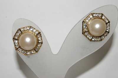 +MBA #89-054   Gold Tone Faux Pearl & Clear Crystal Rhinestone Pierced Earrings