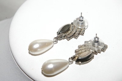 +MBA #89-088  "Silver Tone Crystal Rhinestone & Faux Pearl Drop Pierced Earrings