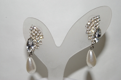 +MBA #89-088  "Silver Tone Crystal Rhinestone & Faux Pearl Drop Pierced Earrings