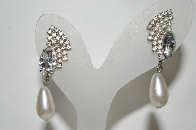 +MBA #89-088  "Silver Tone Crystal Rhinestone & Faux Pearl Drop Pierced Earrings