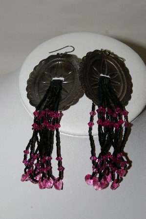 +MBA #89-001   Antiqued Silver Hand Beaded & Pink Crystal Concho Earrings