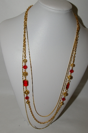 +MBA #88-348   Gold Tone Three Chain & Red Stone & Bead Necklace