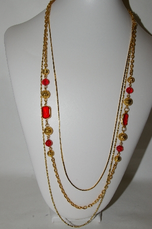 +MBA #88-348   Gold Tone Three Chain & Red Stone & Bead Necklace
