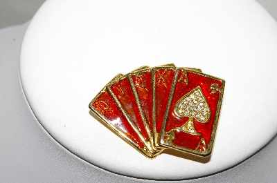 +MBA #88-180   Gold Tone Red Enameled "Royal Flush" Pin