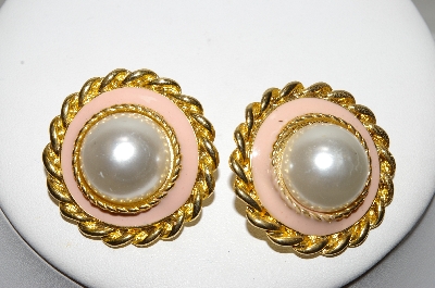 +MBA #88-140   Vintage Gold Tone Pink Enameled Faux Pearl Pierced Earrings