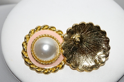 +MBA #88-140   Vintage Gold Tone Pink Enameled Faux Pearl Pierced Earrings