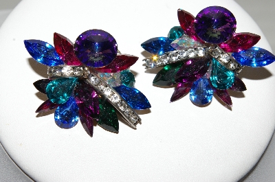 +MBA #88-244   Snazy Silver Tone Mulit Colored Rhinestone Clip On Earrings