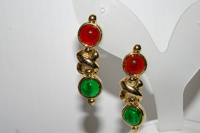 +MBA #88-204   Goldtone Green & Red Glass Cabochon Dangle Clip On Earrings