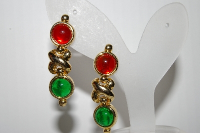 +MBA #88-204   Goldtone Green & Red Glass Cabochon Dangle Clip On Earrings