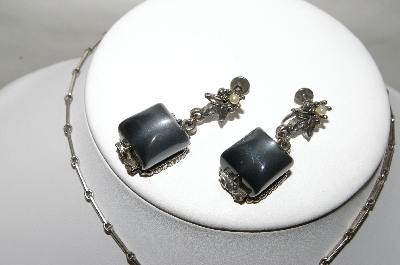 +MBA #88-328  Antiqued Silver Tone "Grey" Thermoplastic  Necklace & Earring Set
