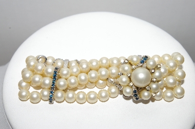 +MBA #88-046   Vintage Silver Tone , Blue Rhinestone & Faux Pearl Bracelet