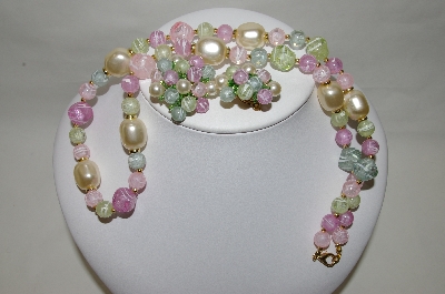 +MBA #88-119   Gold Tone Pastel Acrylic Bead Necklace & Matching Clip On Earrings