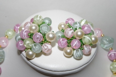 +MBA #88-119   Gold Tone Pastel Acrylic Bead Necklace & Matching Clip On Earrings