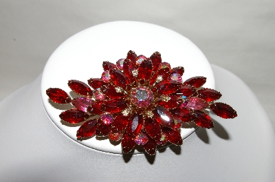 +MBA #87-032   Gold Tone Red & Pink AB Rhinestone Brooch