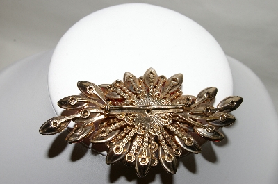 +MBA #87-032   Gold Tone Red & Pink AB Rhinestone Brooch