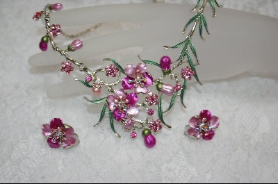 +  Two Toned Pink Enamel and Crystal Floral Necklace W/ Matching Clip On Earrings