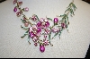 +  Two Toned Pink Enamel and Crystal Floral Necklace W/ Matching Clip On Earrings