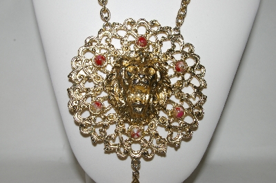+MBA #87-127   Very Large Gold Plated "Lion Medallion" Necklace With Attached Chain