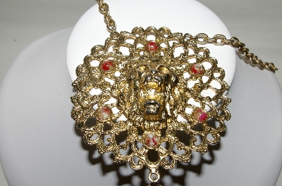+MBA #87-127   Very Large Gold Plated "Lion Medallion" Necklace With Attached Chain
