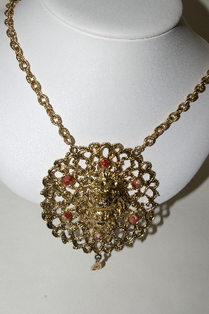 +MBA #87-127   Very Large Gold Plated "Lion Medallion" Necklace With Attached Chain