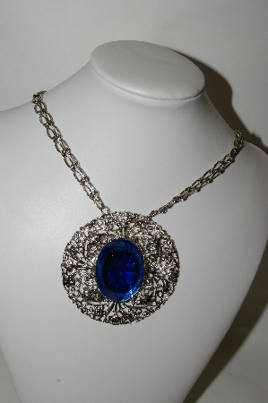 +MBA #87-133   Large Silver Tone Blue Acrylic Medallion Necklace With Attached Chain