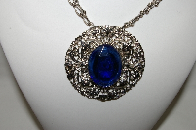 +MBA #87-133   Large Silver Tone Blue Acrylic Medallion Necklace With Attached Chain
