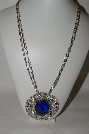 +MBA #87-133   Large Silver Tone Blue Acrylic Medallion Necklace With Attached Chain