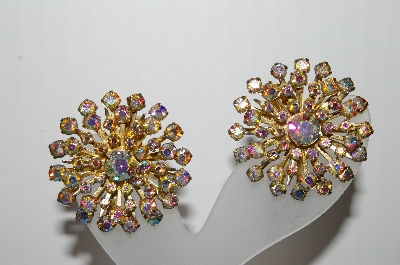 +MBA #90-095   Vintage Gold Tone AB Rhinestone Clip On Earrings