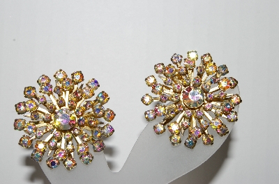 +MBA #90-095   Vintage Gold Tone AB Rhinestone Clip On Earrings