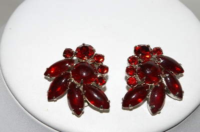 +MBA #87-053   Silver Tone Red Glass & Rhinestone Clip On Earrings