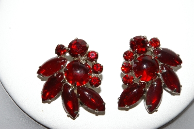 +MBA #87-053   Silver Tone Red Glass & Rhinestone Clip On Earrings