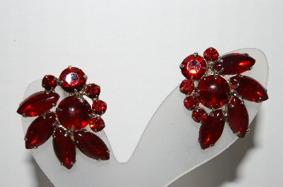 +MBA #87-053   Silver Tone Red Glass & Rhinestone Clip On Earrings