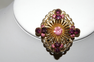 +MBA #87-051   Gold Plated Dark Purple & Pink Rhinestone Pin