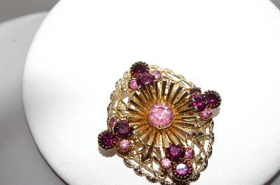 +MBA #87-051   Gold Plated Dark Purple & Pink Rhinestone Pin
