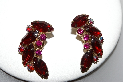 +MBA #87-057   Gold Tone Red & AB Crystal Rhinestone Clip On Earrings