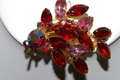 +MBA #87-036   Gold Tone Red, Pink & AB  Rhinestone Brooch