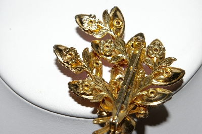 +MBA #87-036   Gold Tone Red, Pink & AB  Rhinestone Brooch