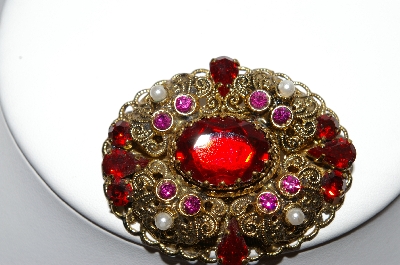 +MBA #87-039   Made In West Germany Gold Tone Red Rhinestone & Faux Pearl Brooch