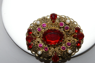 +MBA #87-039   Made In West Germany Gold Tone Red Rhinestone & Faux Pearl Brooch