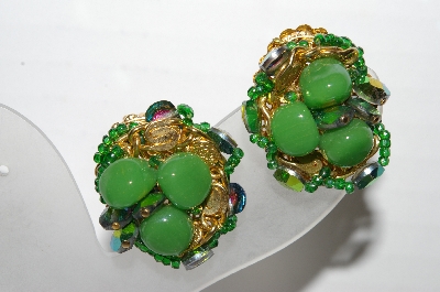 +MBA #92-014 "Vintage Green Glass Clip On Earrings"