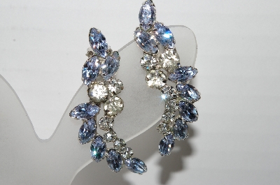 +MBA #92-033 "Vintage Silvertone Blue & Clear Crystal Rhinestone Clip On Earrings"