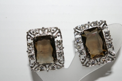 +MBA #92-026 "Sarah Coventry Large Silvertone Smokey Glass Clip On Earrings"