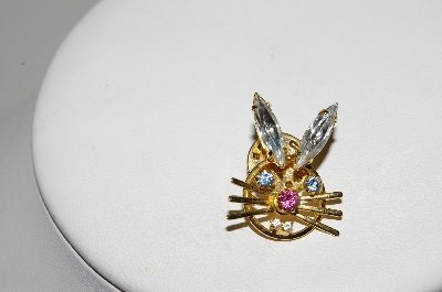 +MBA #95-019 " Vintage Set Of 2 Goldtone Bunny & Basket Rhinestone Pins"