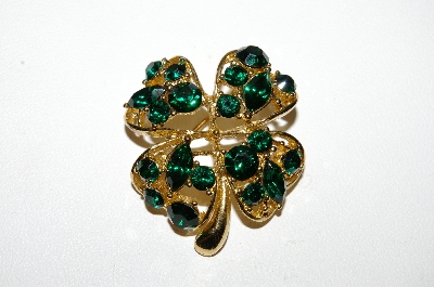 +MBA #95-025 "JC Goldtone Green Rhinestone 4 Leaf Clover Pin"