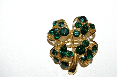 +MBA #95-025 "JC Goldtone Green Rhinestone 4 Leaf Clover Pin"