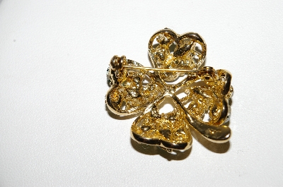 +MBA #95-025 "JC Goldtone Green Rhinestone 4 Leaf Clover Pin"