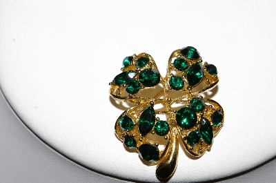 +MBA #95-025 "JC Goldtone Green Rhinestone 4 Leaf Clover Pin"