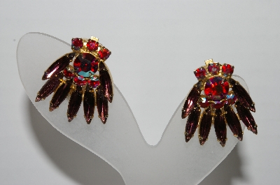 +MBA #95-012  "Vintage Goldtone Purple & Red AB Rhinestone Fancy Clip On Earrings"